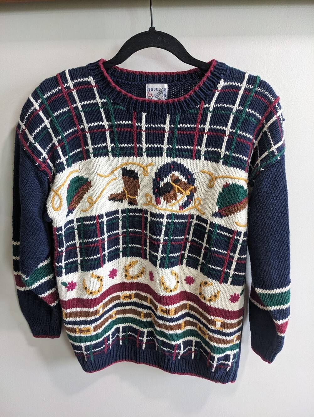 Vintage Horse Themed Hand Knit Sweater Size Medium